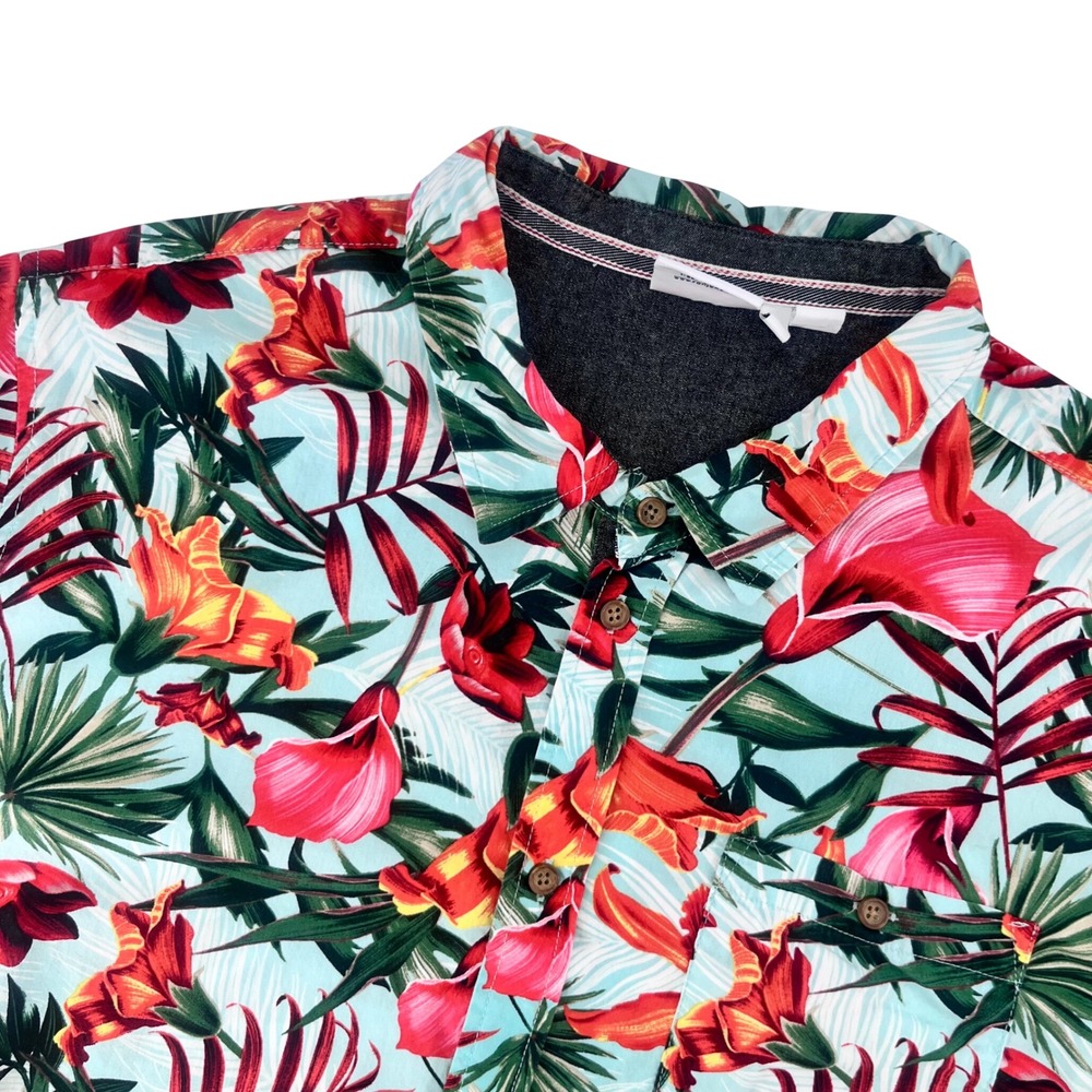 Ron Jon Surf Shop Button Down Men XL Blue Red Tropical Floral Hibiscus Cotton